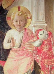 Madonna of the Shadow or Virgin and Child between Saint Dominic, Cosmas, Damien, Mark, John the Evangelist, Thomas Aquinas, Laurence and Peter the Martyr (from left to right) (detail of the infant)